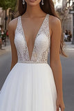 Deep V Neck Lace Tulle Ivory A Line Wedding Dress