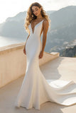 Ivory Satin Spaghetti Straps Mermaid Wedding Dress