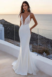 Spaghetti Straps Mermaid Ivory Satin Lace Wedding Dress