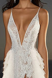 Tulle Lace Spaghetti Straps Ruffled A Line Wedding Dress With Slit