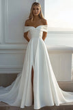 Off The Shoulder A Line Ivory Satin Wedding Dress With Slit