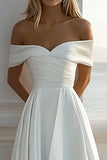 Off The Shoulder A Line Ivory Satin Wedding Dress With Slit