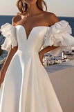 Ivory Off The Shoulder Ruffled Satin A Line Wedding Dress