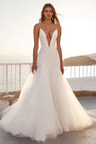 Spaghetti Strapless Mermaid Ivory Tulle Wedding Dress