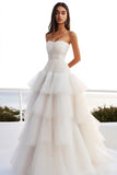 Ivory Tiered Tulle A Line Strapless Pleated Wedding Dress