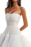 Ivory Tiered Tulle A Line Strapless Pleated Wedding Dress