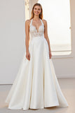 Halter Lace A Line Ivory Satin Wedding Dress