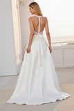 Halter Lace A Line Ivory Satin Wedding Dress