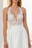 Halter Lace A Line Ivory Satin Wedding Dress