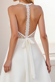 Halter Lace A Line Ivory Satin Wedding Dress