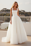 Ivory Spaghetti Straps A Line Crepe Tulle Wedding Dress