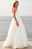 Ivory Spaghetti Straps A Line Crepe Tulle Wedding Dress
