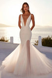 Deep V Neck Mermaid Ivory Tulle Pleated Wedding Dress