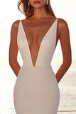 Deep V Neck Mermaid Ivory Tulle Pleated Wedding Dress