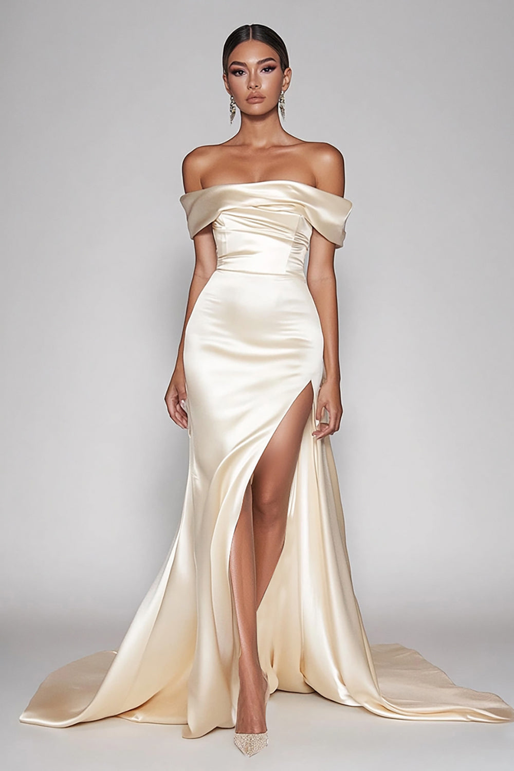 WEDTREND Women Off The Shoulder Formal Dress with Slit Champagne Satin Mermaid Long Evening Dress Wedtrend UK WEDTREND Women Off The Shoulder Formal Dress with Slit Champagne Satin Mermaid Long Evening Dress Wedtrend UK