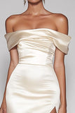 Champagne Off The Shoulder Satin Long Mermaid Formal Dress with Slit