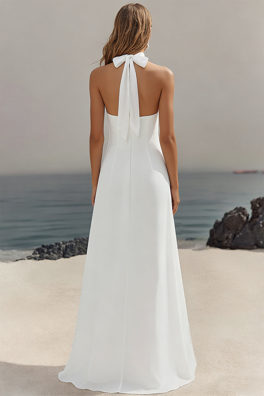 long holiday dress WEDTREND Women White Long Holiday Dress Sheath Halter Chiffon White Dress – Wedtrend UK