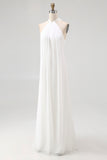 White Halter Sheath Chiffon Maxi White Dress