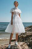 White Organza Short Sleeves Tiered High Neck A Line Graduation Dress