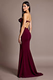 Burgundy Strapless Mermaid Long Formal Dress with Ruffles