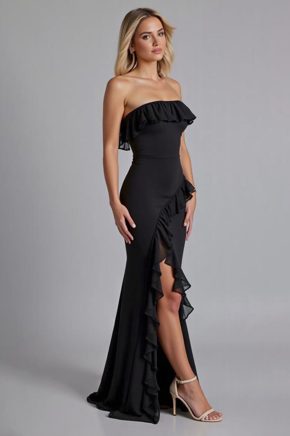 WEDTREND Women Black Ruffled Formal Dress with Slit Off the Shoulder Mermaid Long Chiffon Prom Dress Wedtrend UK WEDTREND Women Black Ruffled Formal Dress with Slit Off the Shoulder Mermaid Long Chiffon Prom Dress Wedtrend UK