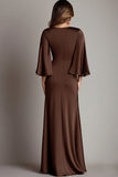 Coffee Satin V Neck Sheath 3/4 Sleeves Formal Dress