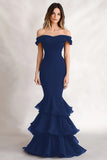 Off the Shoulder Black Mermaid Tiered Satin Wedding Guest Dress