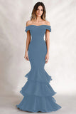 Off the Shoulder Black Mermaid Tiered Satin Wedding Guest Dress