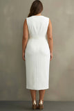 White Sheath V-Neck Satin Plus Size Midi Formal Dress with Slit