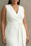 White Sheath V-Neck Satin Plus Size Midi Formal Dress with Slit
