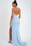 Sky Blue Halter Satin Mermaid Formal Dress with Slit