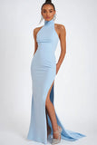 Sky Blue Halter Satin Mermaid Formal Dress with Slit