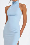 Sky Blue Halter Satin Mermaid Formal Dress with Slit