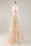 Champagne Strapless A Line Pleated Wedding Guest Dress
