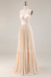 Champagne Strapless A Line Pleated Wedding Guest Dress