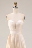 Champagne Strapless A Line Pleated Wedding Guest Dress