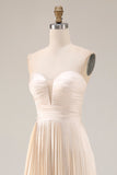 Champagne Strapless A Line Pleated Wedding Guest Dress