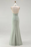Dusty Sage Mermaid Halter Ruched Long Bridesmaid Dress With Slit