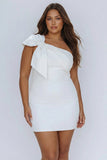 One Shoulder White Bodycon Plus Size Mini Dress with Bow