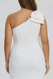 One Shoulder White Bodycon Plus Size Mini Dress with Bow
