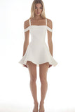 Off The Shoulder A Line Ruffle Satin White Short Graduation Dress