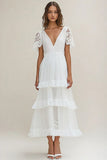 White A Line V-Neck Ruffled Graduation Dress with Short Sleeves