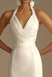 White Halter Ruched Satin Mermaid Wedding Dress