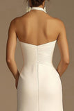 White Halter Ruched Satin Mermaid Wedding Dress