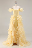 Yellow Off the Shoulder Long Prom Dress with Rufffles