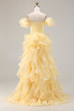 Yellow Off the Shoulder Long Prom Dress with Rufffles
