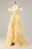 Yellow Off the Shoulder Long Prom Dress with Rufffles
