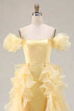 Yellow Off the Shoulder Long Prom Dress with Rufffles