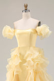 Yellow Off the Shoulder Long Prom Dress with Rufffles