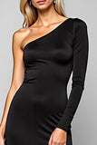 Black Sheath One Shoulder Satin Long Formal Dress with Sleeves